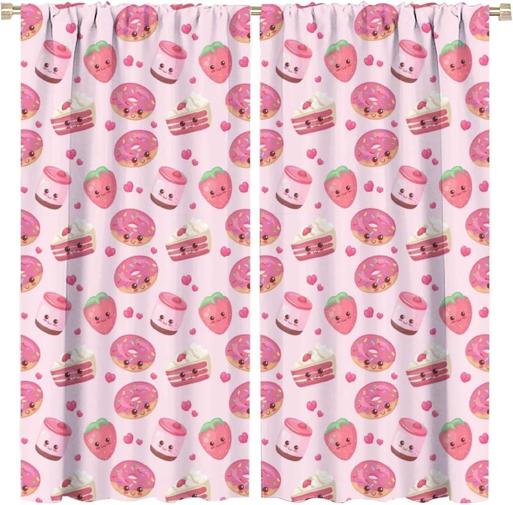 Boho Strawberries Curtains Cute Pink Bohemia Fruit Rod Pocket Blackout Window Treatment for Kitchen Living Room Girls Woman Room