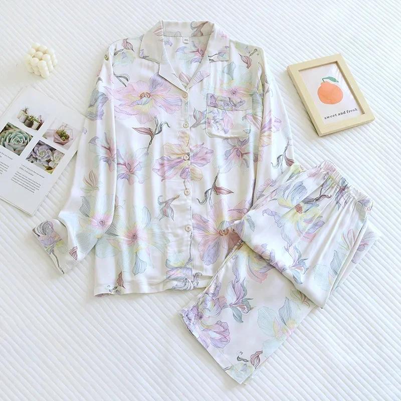 SpringSummer New Women Pajama Set Gongsatin Cotton Fabric Silk Viscose Fiber Silk Smooth High End Home Fur Two Piece Set