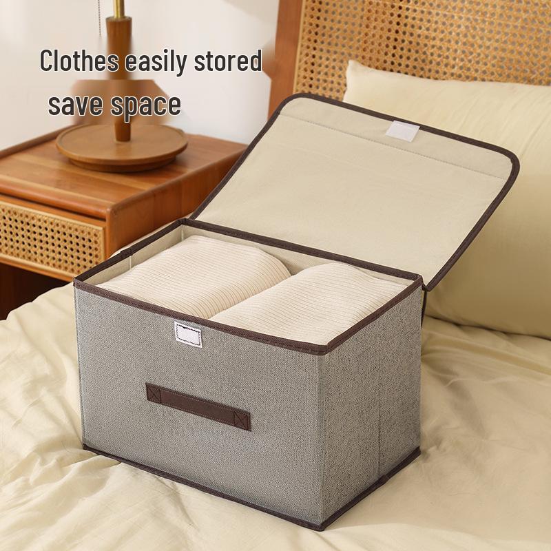 Foldable Linen-Like Storage Box with Lid for Clothes and Sundries