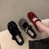 Retro red rhinestone round head shallow mouth single shoes women's 2025 French temperament ballet flat Mary Jane shoes half drag