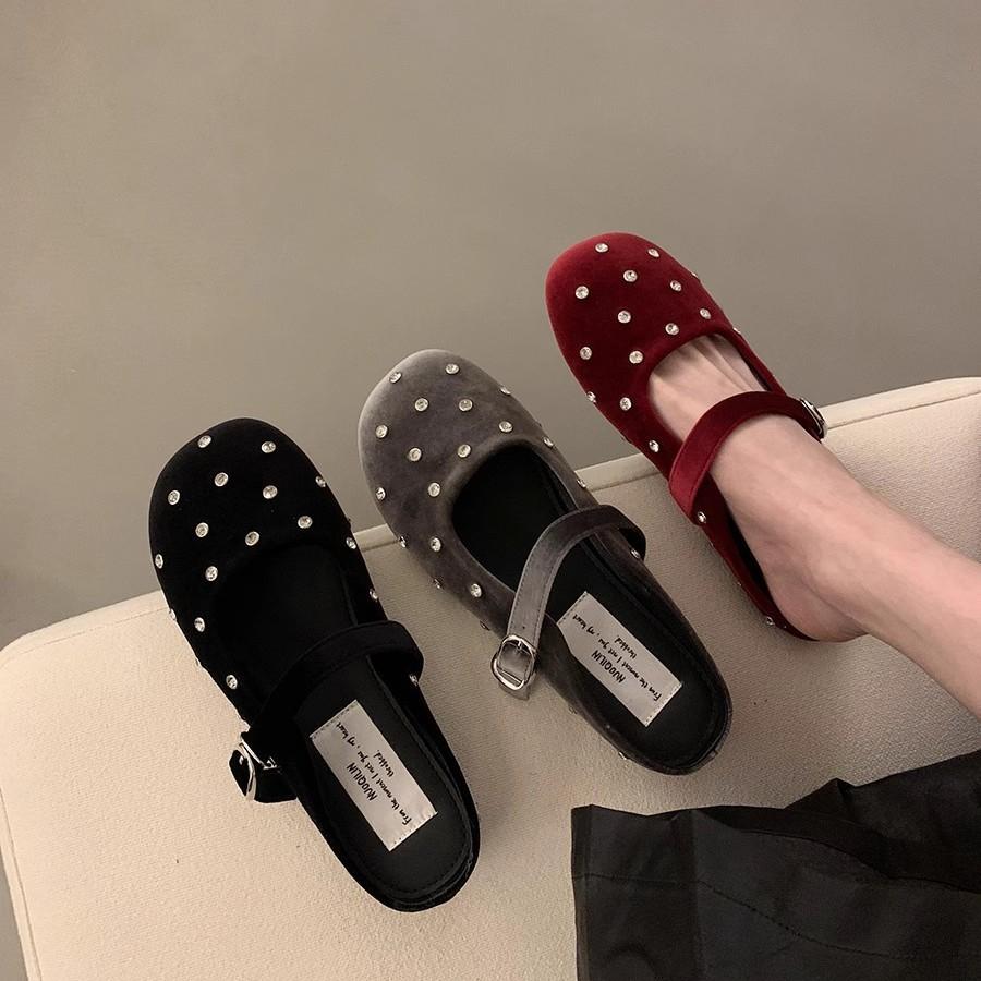 Retro Red Rhinestone Round Head Shallow Mouth Single Shoes Women's 2025 French Temperament Ballet Flat Mary Jane Shoes Half Drag