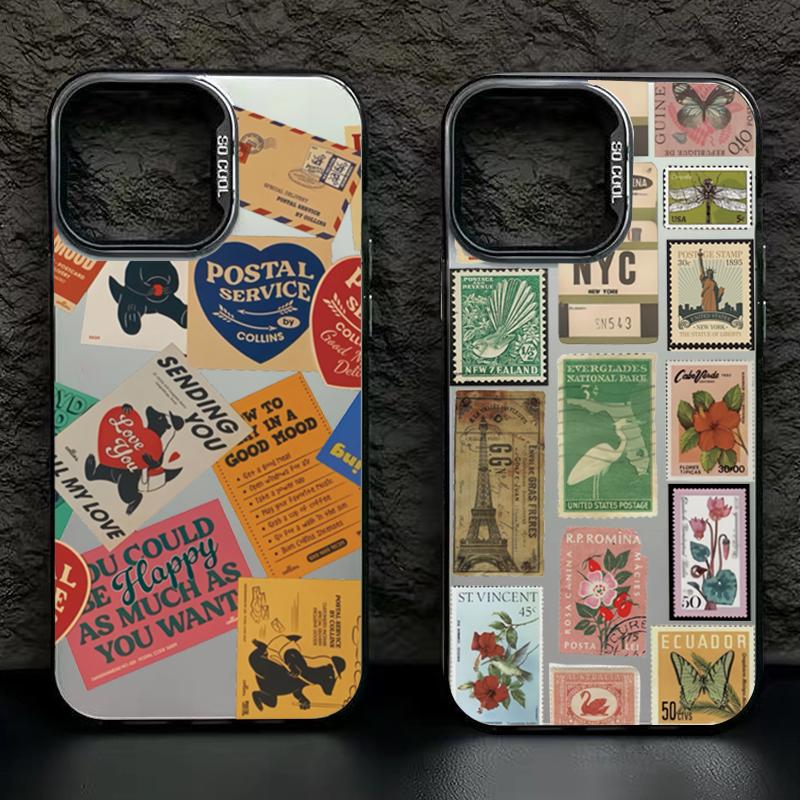 Stylový patchwork s razítky pro iPhone 16 15 14 13 12 11 Pro Max Ochranný kryt na telefon proti pádu Funda Bumber