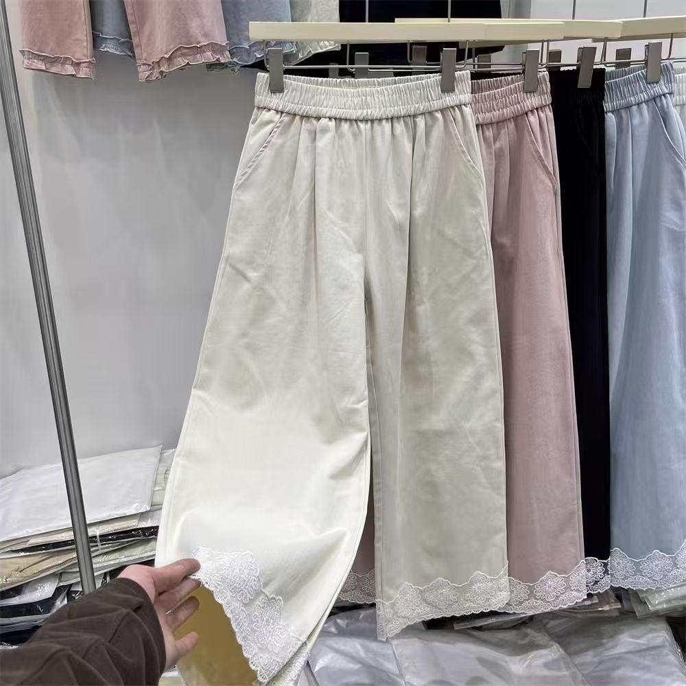 Damen High-Waist Spitzen-Patchwork Weite Hosen - Schlankmachend, Lässig, Verkürzter Gerader Schnitt