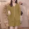 ZANZEA Women 3/4 Sleeve Blouse and Shorts Summer Two Piece Suit Sets