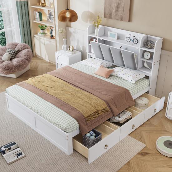 Modular Bed Double Bed, Open Shelf, Three Drawers with Castors, Metal Adult Handles, Storage Compartment Drop-Down Door, Pine Frame Soft