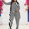 Women Plus Size Two Piece Set Round Neck Long Sleeve Black White Striped Printed Layered Top And Long Pants