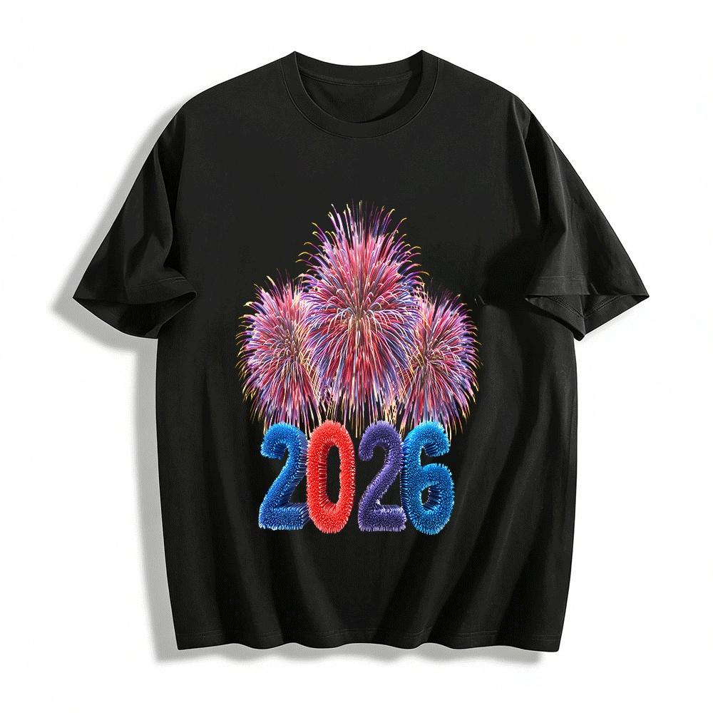 2026 New Year Firework Graphic Trendy Casual Top Pure cotton T-shirt XXS