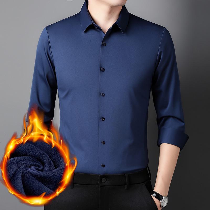 

Мужская бесшовная рубашка с длинным рукавом для бизнеса на флисовой подкладке – Эластичная, не требующая глажки, однотонная, утолщенная для тепла 3XL