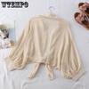 WTEMPO Summer Half Sleeve Button Up Shirts Loose Casual Blouses Solid Chiffon Shirts Women Tied Waist Elegant Blouses