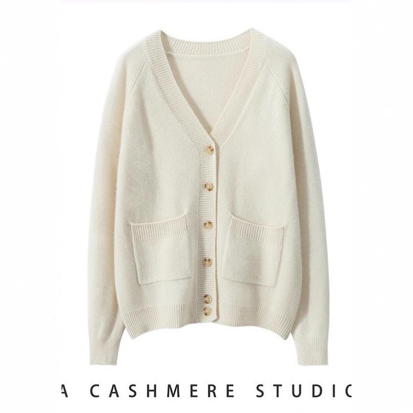 2024 Autumn/Winter Women's Thick Cashmere V-neck Cardigan Sweater, Loose Fit, Knitted Drop-shoulder Top