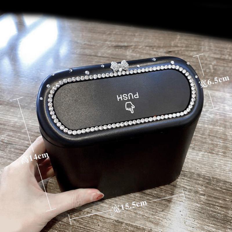 Cute Big Diamond Bowknot Car Trash Bin Hanging Vehicle Garbage Dust Case Storage Box Pressing Type Trash Can Auto Accessories