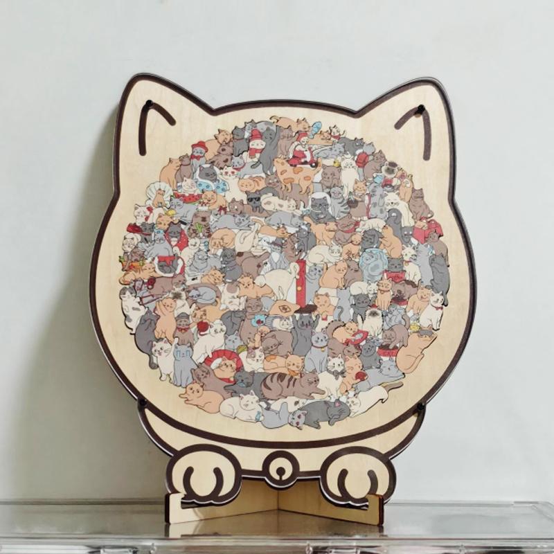 135pcs Cat-shaped Wooden Jigsaw Puzzle Unique Irregular Puzzle Pieces Game Birthday Xmas Gifts for Cat Lovers Home Decorations