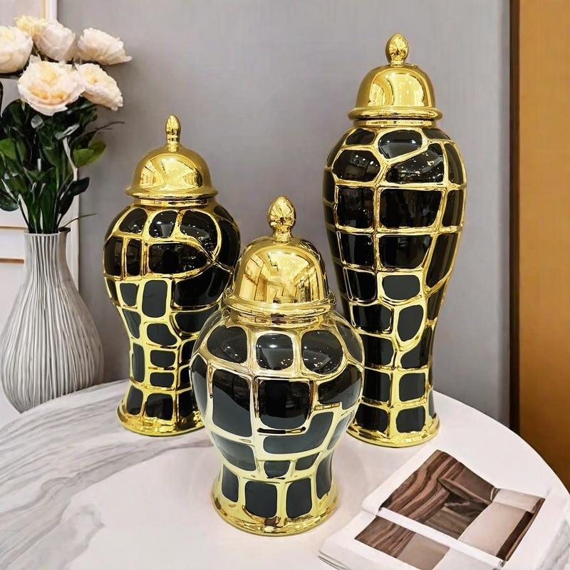 Schwarzes Karomuster Keramik Schachmatt Glas Vorratsglas Blumenvase Versiegelter Vorratsbehälter Ingwerglas Chinesisches Porzellan Handwerkskunst Heimdekoration