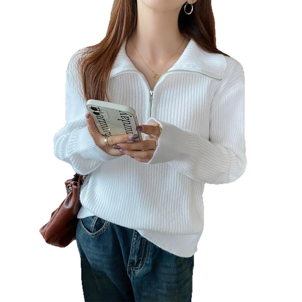 Women's Half-Zip Sweater, Loose Knitwear with Lapel Design, for Spring and Autumn 2026.