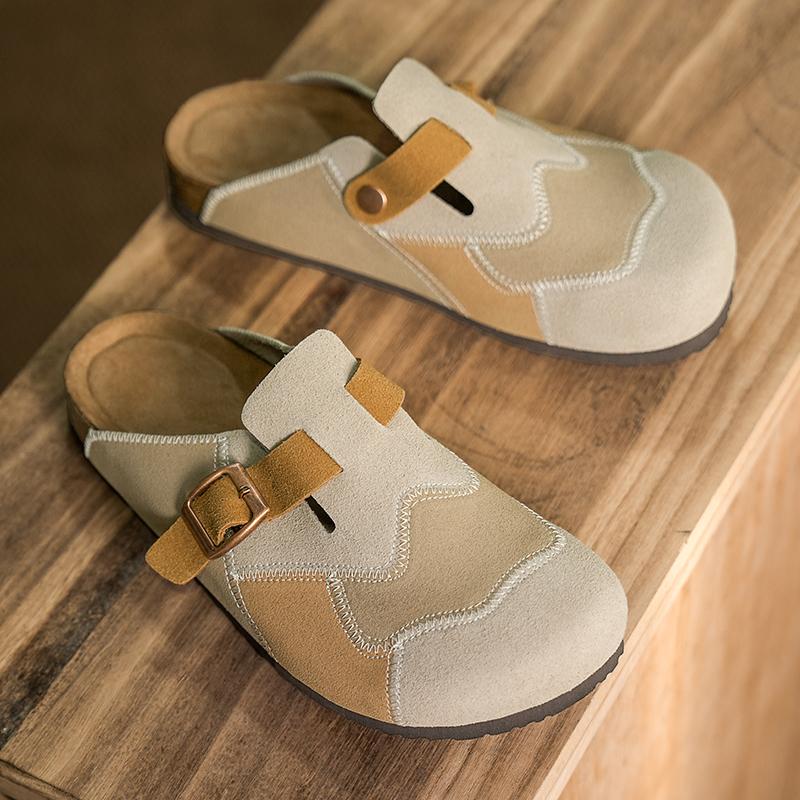 Quality Cow Suede Mules Man Brown Sewing Half Shoes For Man Indoor Platform Men's Cork Slippers Closed-toe Couple Casual Sandals