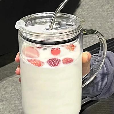 1L Skleněný hrnek s víčkem a brčkem Skleněný šálek na kávu Průhledný šálek Šálky na džus a mochu Skleněný hrnek Hrnek na mléko a džus