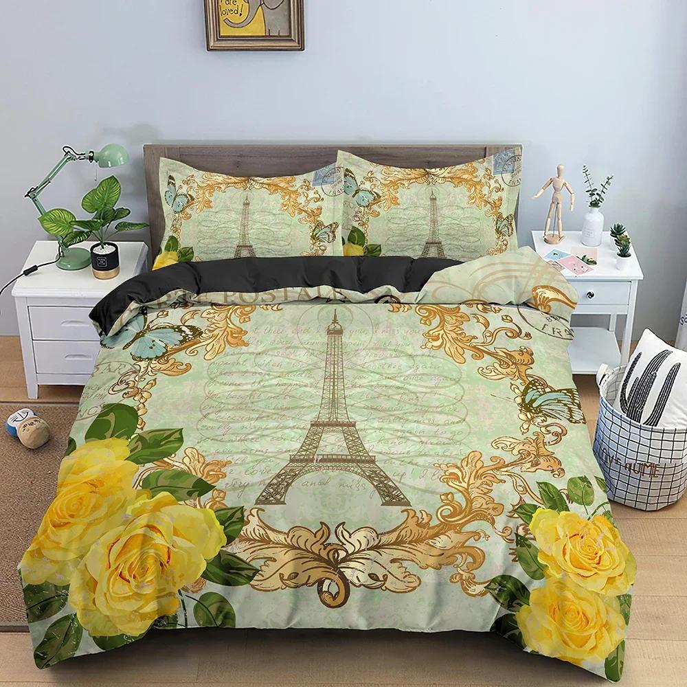 Eiffel Tower Bedding Set Romantic Style Duvet Cover Set With Pillowcase King Queen Size Comforter Cover for Valentine's Day