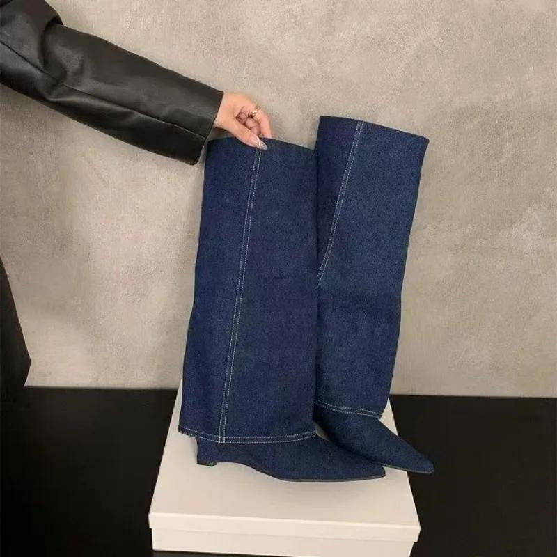 Pointed Toe Slope Heeled Pants Leg Boots  New Autumn Winter Women Vintage Knee-High High-Heeled Western Cowboy Boots Female