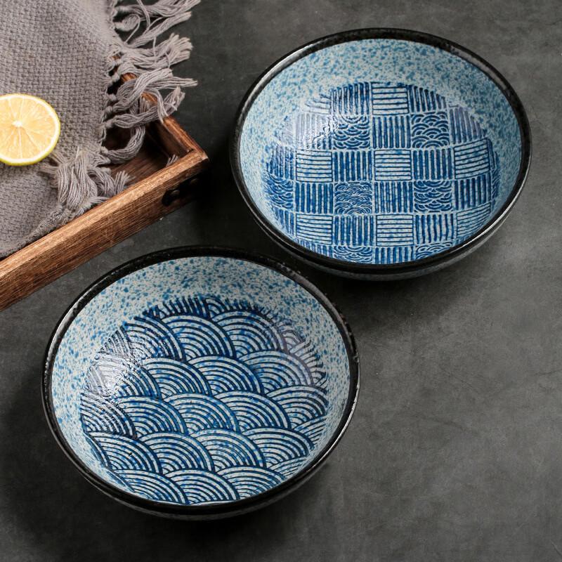 Ruhan Japanese Ceramic 8-inch Deep Plate Set with Sea Wave Pattern