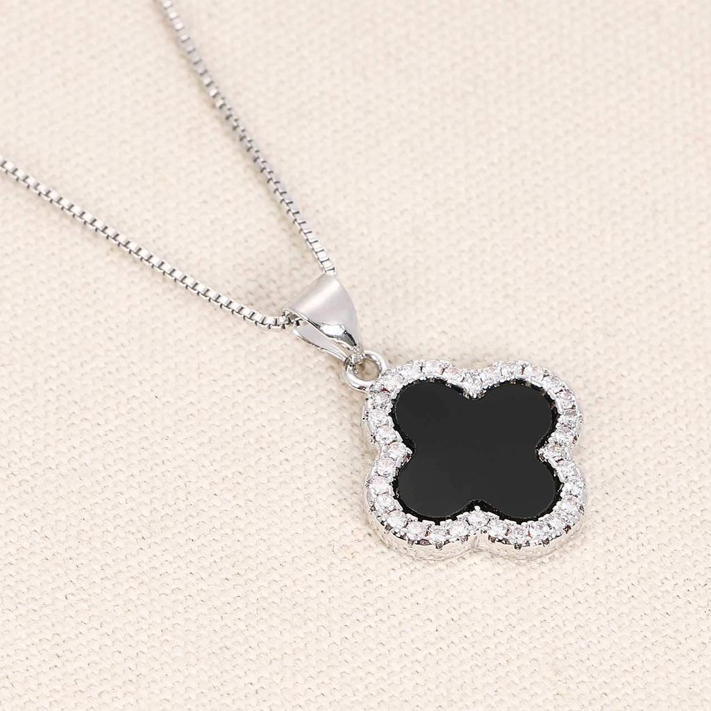 [ZIYMU] Four-Leaf Clover Pendant Necklace, Lucky Charm, Sterling Silver 925, Onyx, Women's, 40cm, zm-b-024s