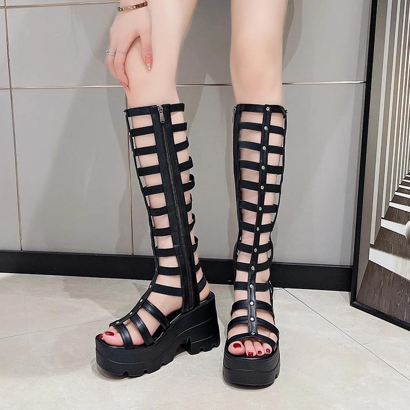 Fashion 10CM Women's Summer Boots Women Shoes Fashion Cutout High Top Sandals Breathable Striped Roman Shoes Platform Boots Thigh High