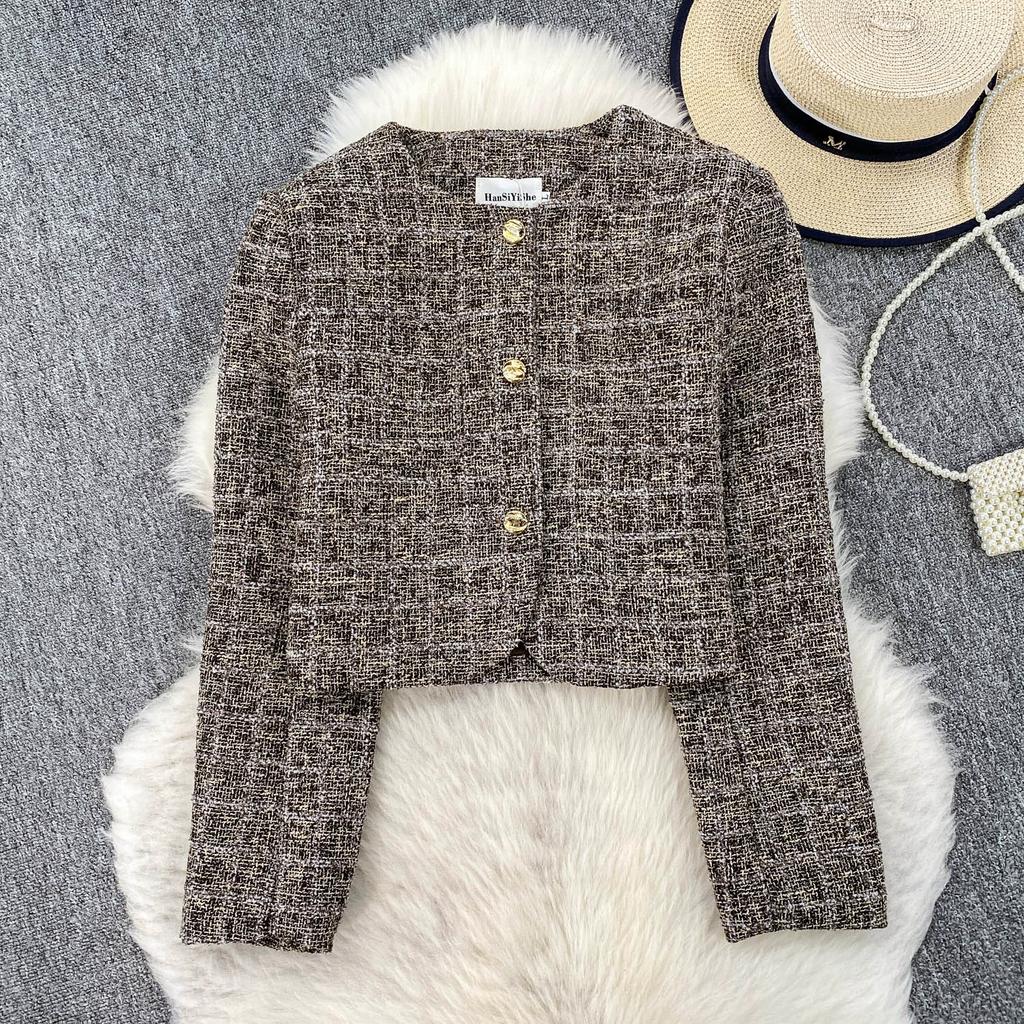 Autumn Winter Women Elegant Little Fragrant Wind Full Sleeve Single Breasted Tweed Short Jacket Coat With Pocket