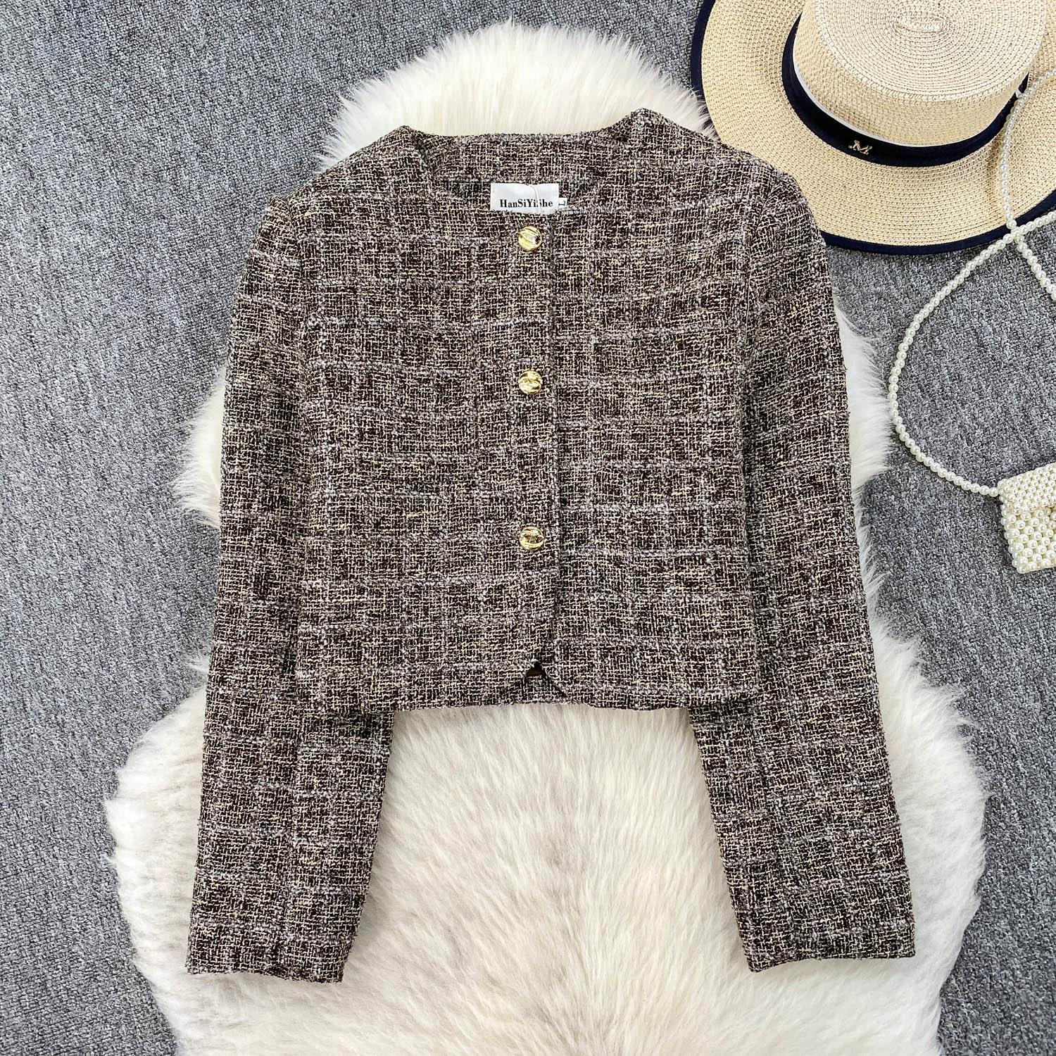 

Осень Зима Женский Элегантный Маленький Ароматный Ветер Полный Рукав Однобортный Твидовый Короткий Пиджак Пальто С Карманом M светло-коричневого