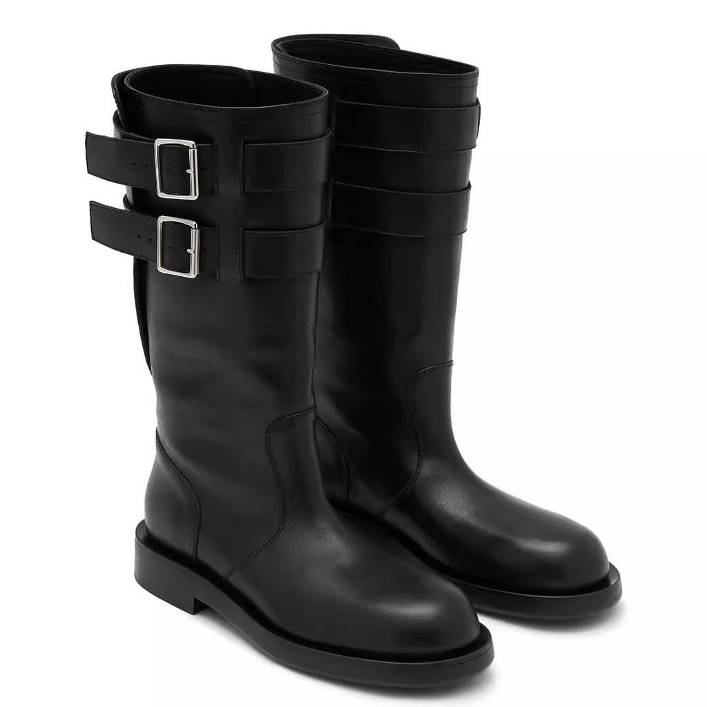 Cowhide Black Handsome Belt Buckle Low Heel High Tube Skinny Locomotive Boots Leather Boots Round Head Knight Boots Women's Boots