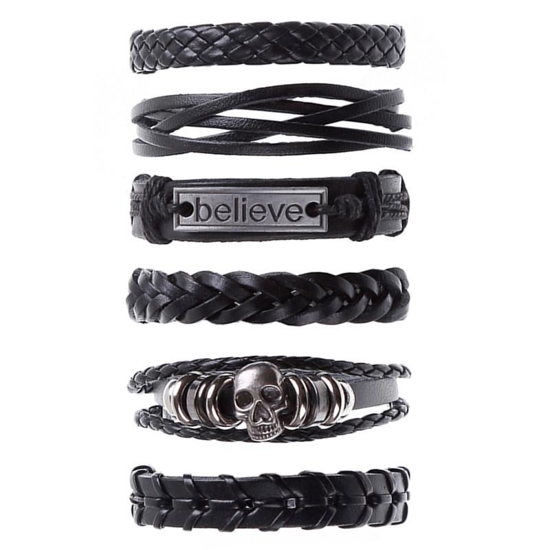 Punk 6-Piece Genuine Leather Multi-Layer Bracelet Set