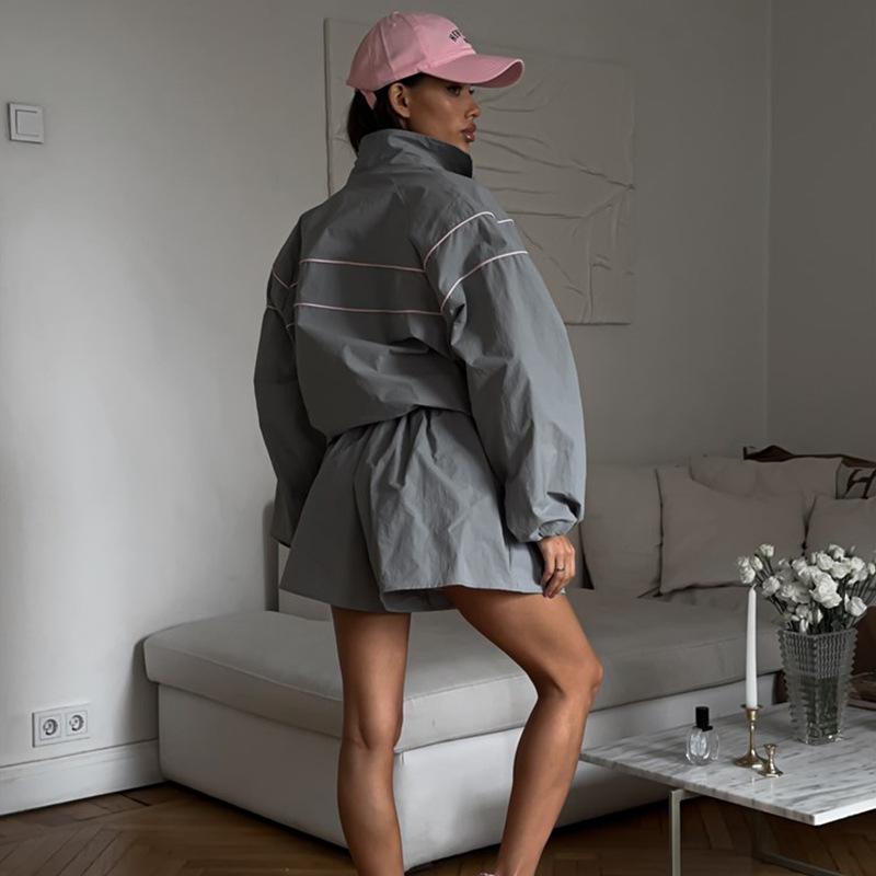 Europäischer und amerikanischer Sommer lässiger Damen lockerer Anzug langärmelige Reißverschluss Strickjacke Jacke Kordelzug weite Hosenshorts