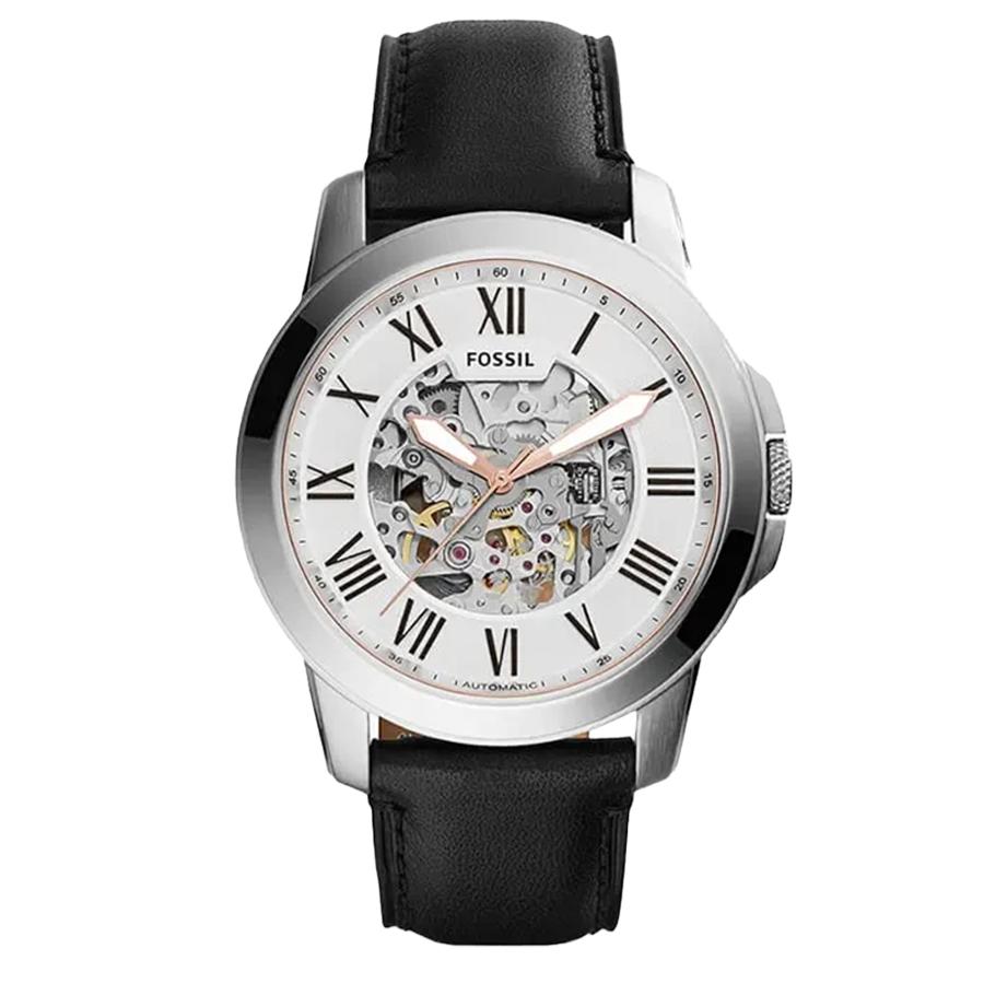 

Fossil Grant Automatic Skeleton White Dial Black Leather Strap Watch for Men - ME3101