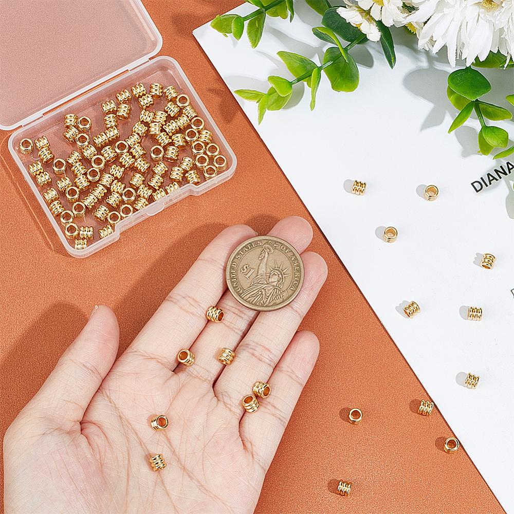 100Pcs 201 Stainless Steel Beads, Grooved Beads, Column, Golden, 5x4.5mm, Hole: 3mm