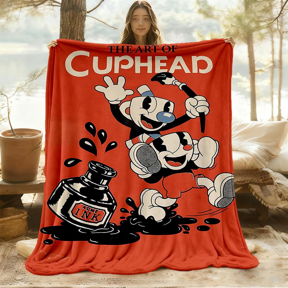 1PC Cuphead Art Outdoor Flannel Throw Blanket HD Printed Lightweight Soft Warm All Season Blanket for Sofa, Bed, Travel