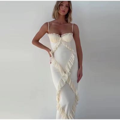 Sexy Lace Sling Long Dress Women Ruffle Spliced High Waist Sleeveless Halter Dresses Spring Summer Lady Vestidos