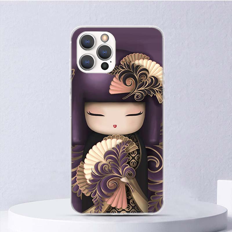 Kokeshi Doll Kimono Girl Soft Case For iPhone 16 17 Air 16E 15 Plus 11 12 13 Mini 14 Pro Max Phone Cover Apple 7 8 SE Coque Fund