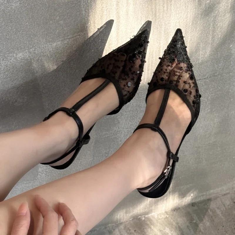 Fashion Sexy Pointy Toe Mesh Heeled Sandals Women Luxury Bling Decorated High Heels Elegant T-Strap Ankle Strap Buckle Party Dress Shoe
