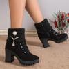 Women's Block Heeled Ankle Boots, Faux Pearl Decor Knit Stitching Booties, Fashion Winter Zipper High Heeled Boots