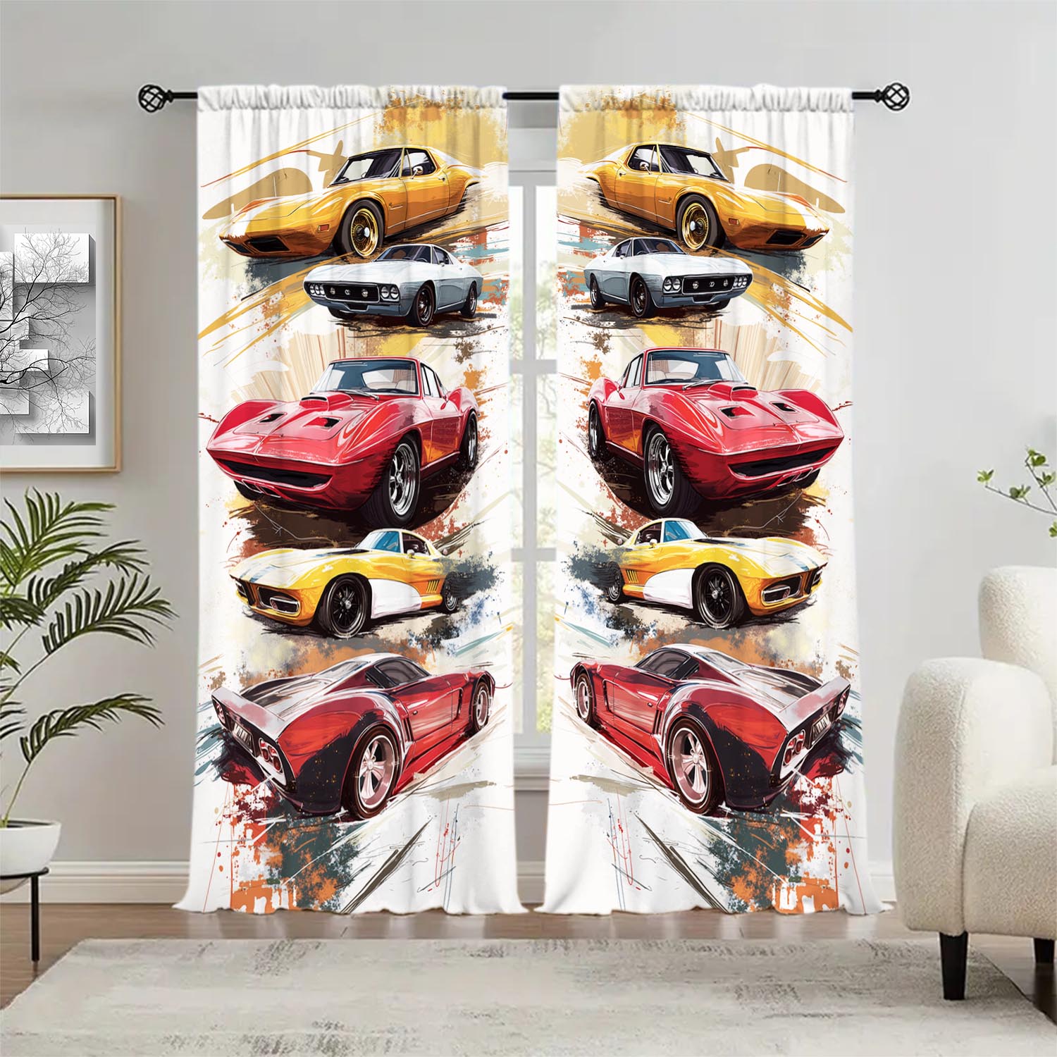 

2-Panels Vintage Sports Car Illustration Printed Curtains Shade and Privacy Protection Suitable for Decorating Various Rooms 100*130 HOOK 1pcs