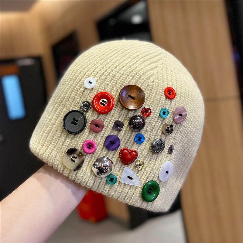 Korean Style Button Knit Beanie For Women Autumn Winter