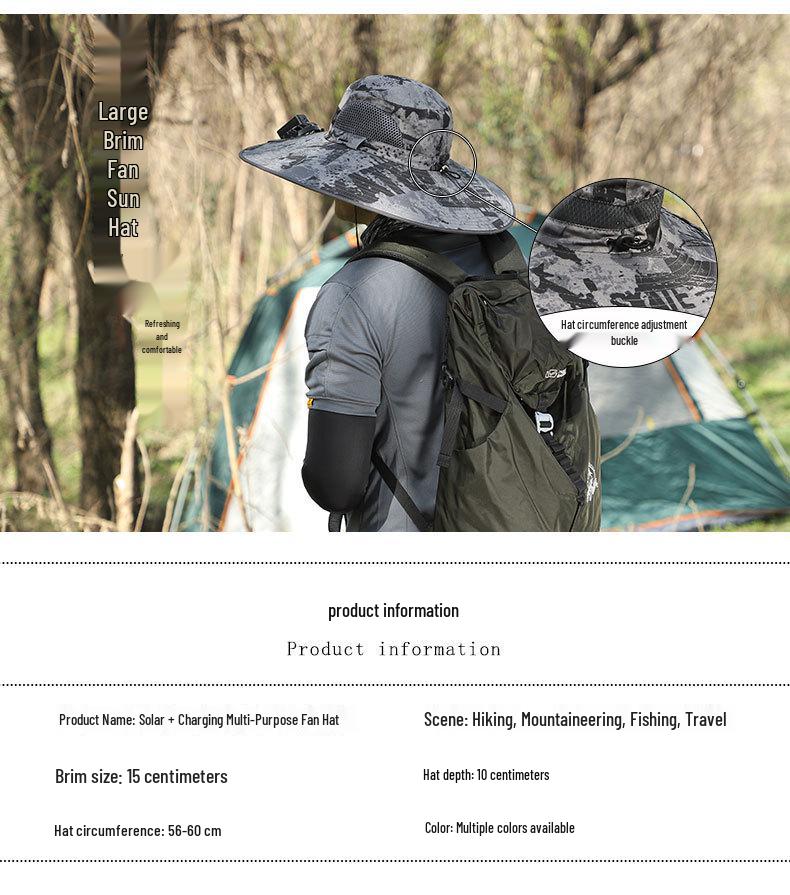 Solar-Powered Wide Brim Fishing Hat with Sunshade, Long-Lasting Battery Fan, and High Wind Power for Men.