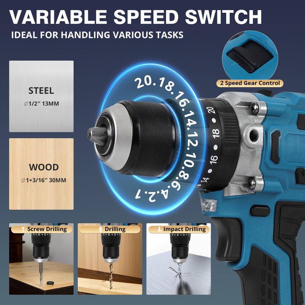 Dual-Speed Brushless High-Power Impact Drill with Lithium Battery - Portable High Torque Industrial Grade Electric Drill