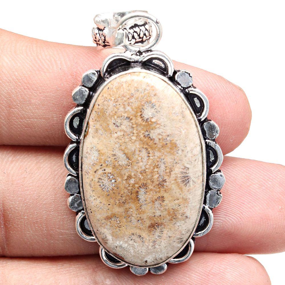 Pendant Fossil Coral Gemstone Gift For Her Silver Jewelry 2"