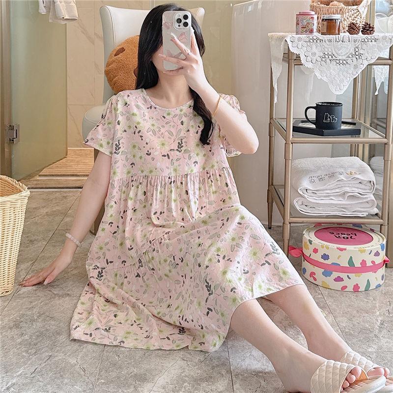 Cotton and Silk Nightgown Women's Summer Short-sleeved Large-size High-end Printed Maternity Pajamas Can Be Worn Outside Long Loungewear