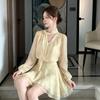 Tea Break Vacation Gentle Wind Floral V-neck Long Sleeves, Dress Women's Spring Summer Light Yellow Streamer Waist Short Skirt