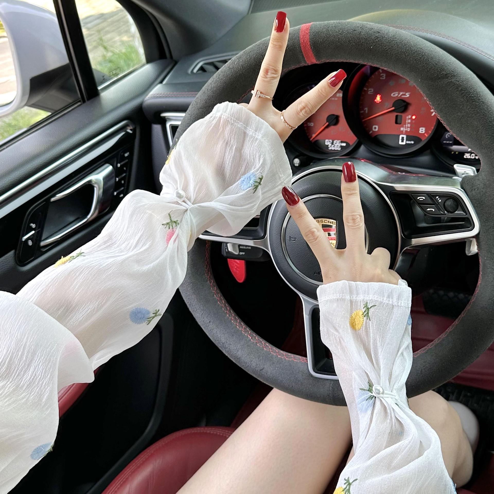 

Жіночі рукавички з квітковою вишивкою, захистом від УФ-променів, з крижаного шовку кульбабий/білий