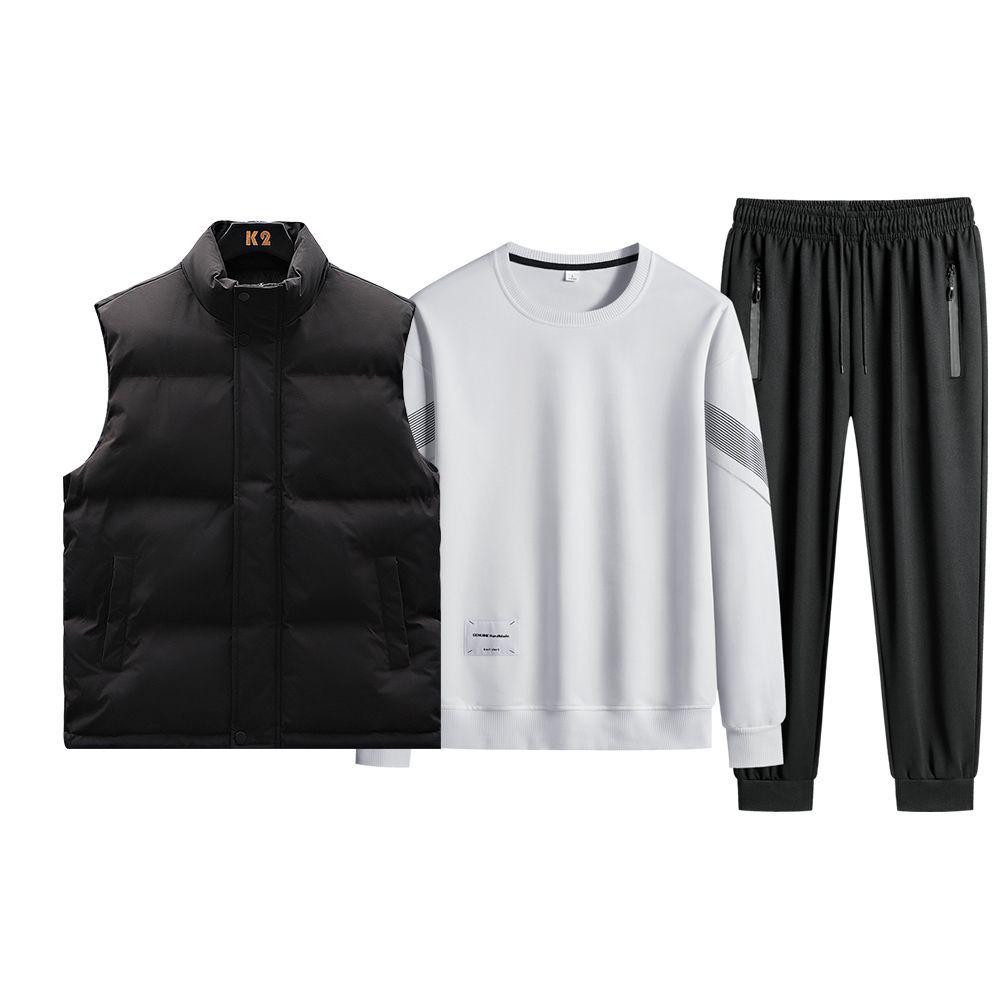 Men's Plus Size Autumn/Winter Three-Piece Casual Sports Vest & Round Neck Sweatshirt Set