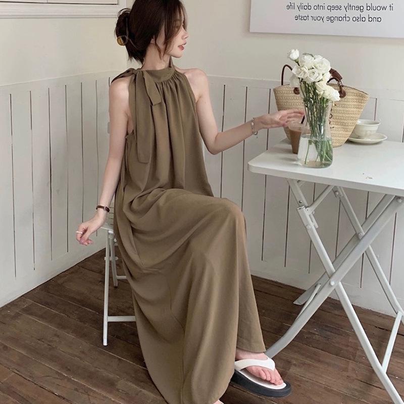 

Женское ретро-платье из французского шифона с халтер-воротом - без рукавов с завязкой на талии M 90-105