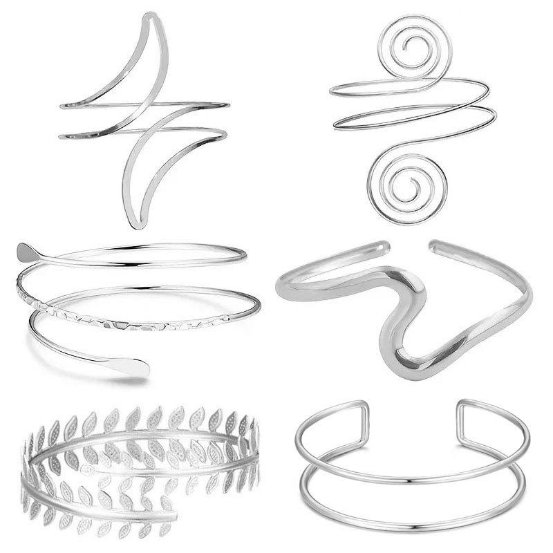European & American Geometric Wave Cuff Bracelet Set with Metal Leaf and Crescent Design