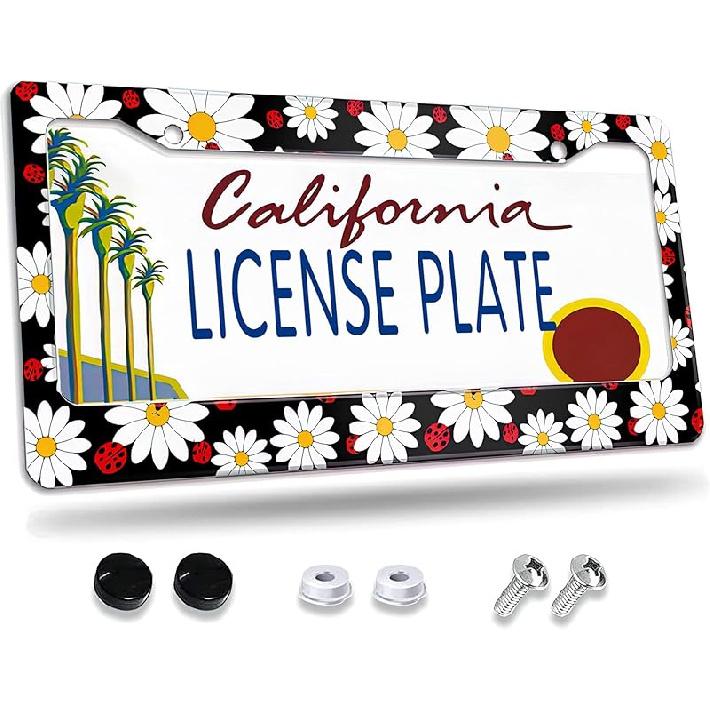 License Plate Frame,Floral Retro Daisys License Plate Frames Decorative Car Tag Frames Aluminum Metal License Plate Holder For US Canada Standard