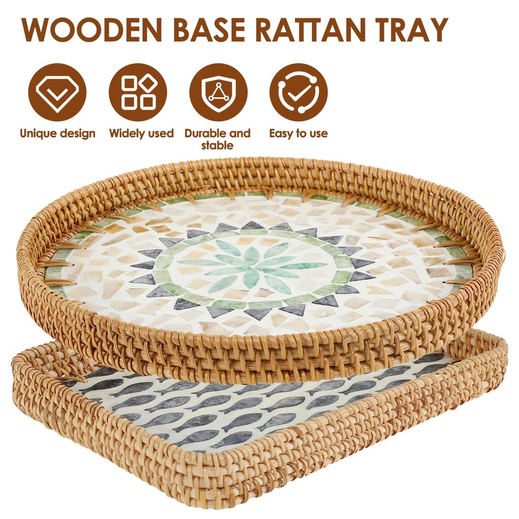 Boho Rattan Kitchen Food Storage Tray Rectangle/Round Handwoven Rattan Basket Multifunction Fruit Snack Basket Home Supplies